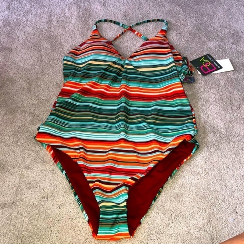 Striped Multicolor One-Piece Swimsuit - Teal & Coral